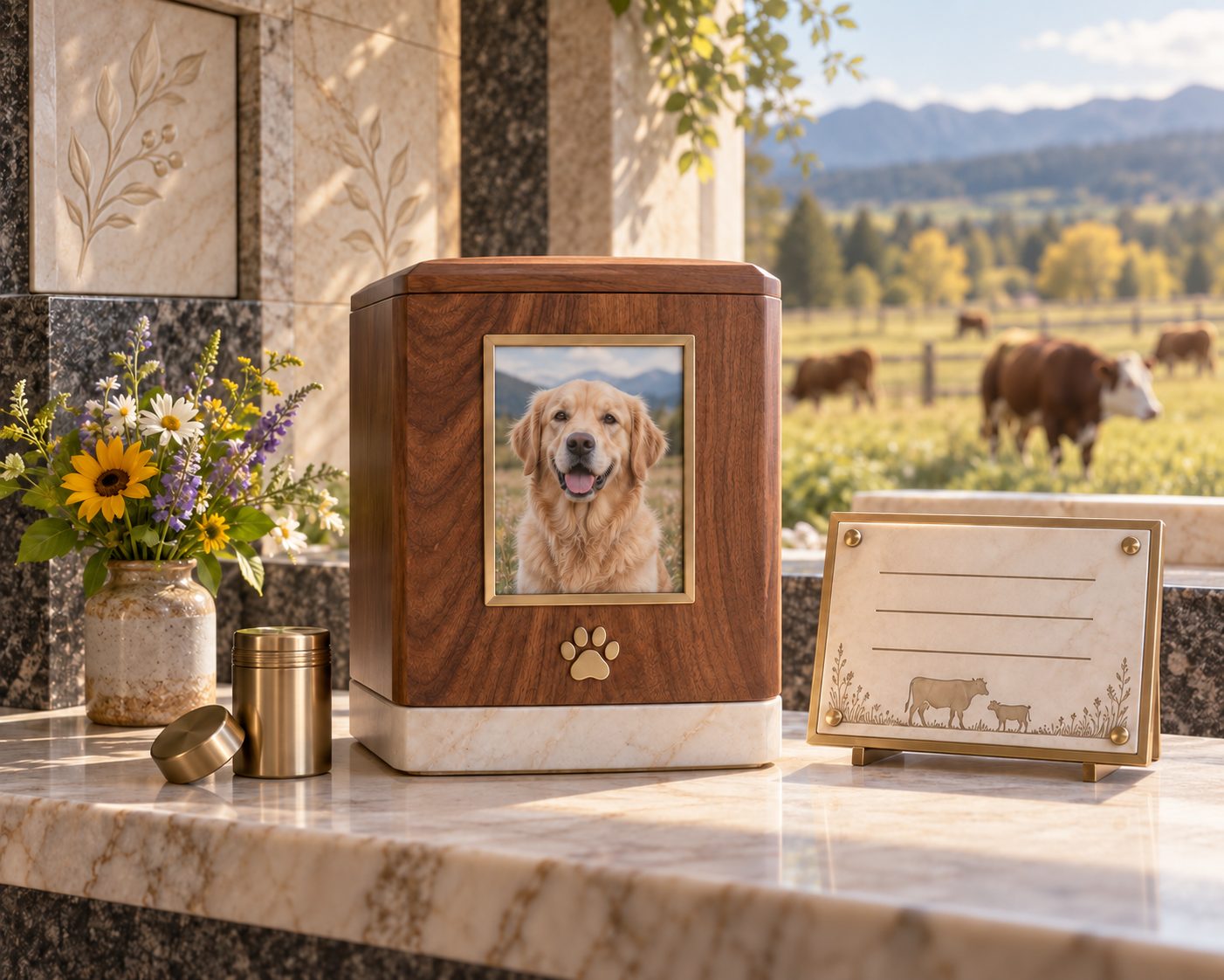 Concept rendering of a sealed memorial urn and family photo plaque